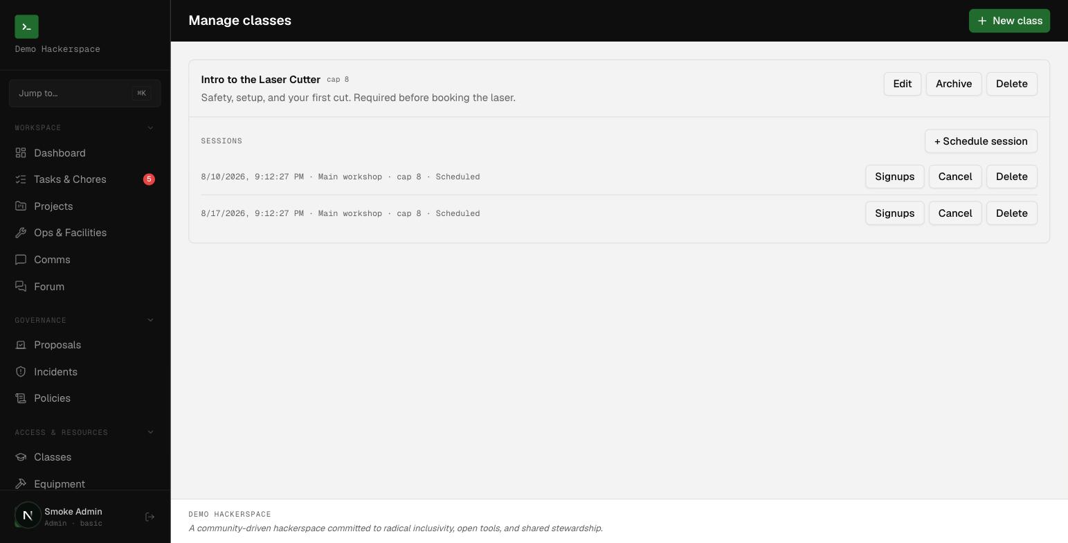 The class management screen. A new space starts empty; begin by creating a class, then schedule sessions members can sign up for.