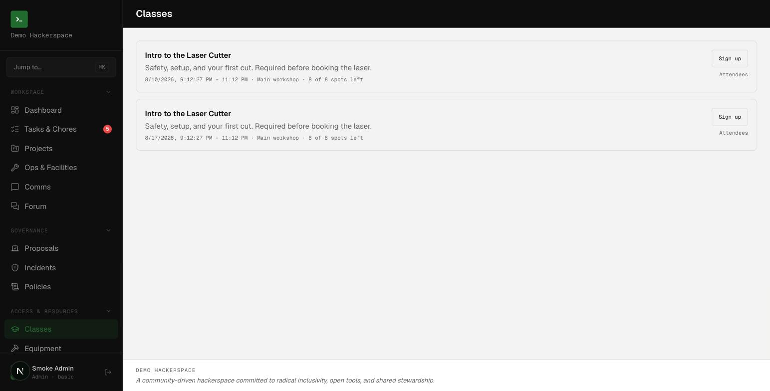 The member class view: each upcoming session shows its time, location, spots left, and a Sign up button.