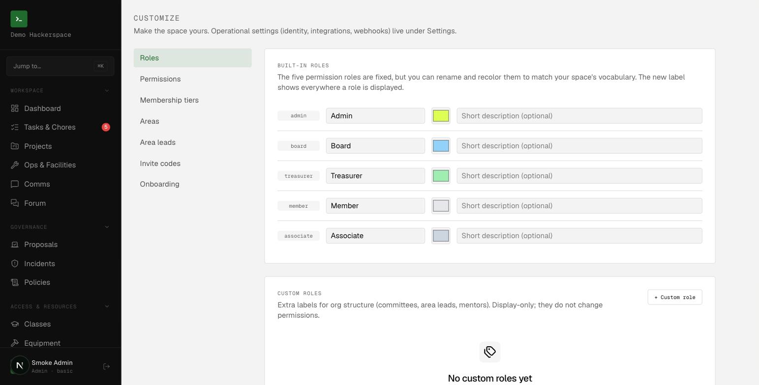 The Customize screen: panels down the left, the built-in roles ready to rename and recolor.