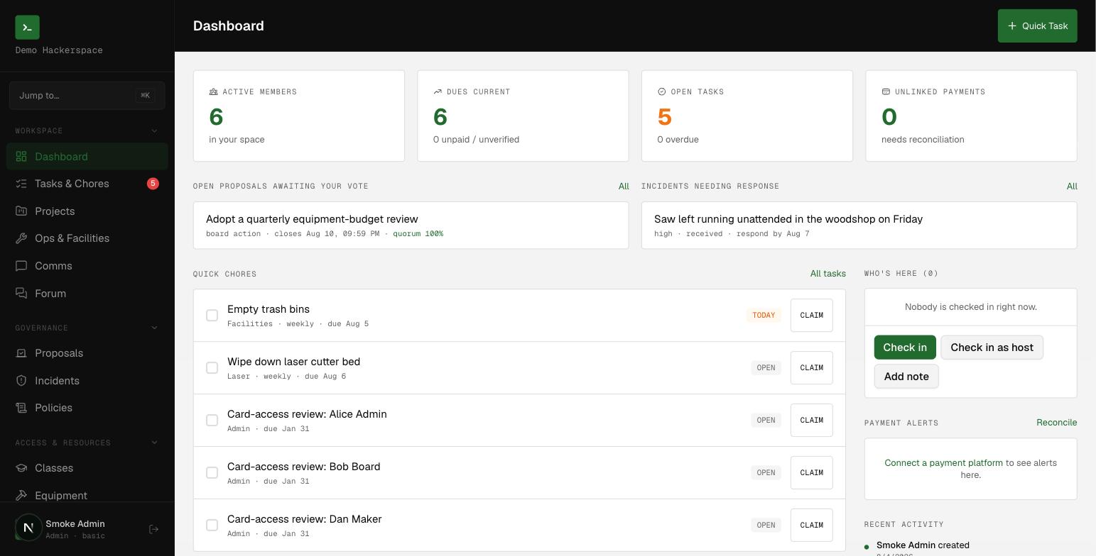 The dashboard: stat tiles, open proposals and incidents, quick chores, and who is checked in.