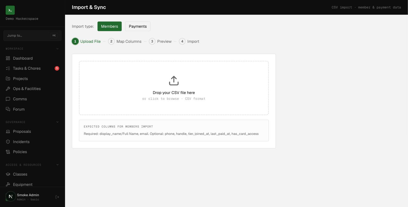 The Import and Sync screen: pick Payments, drop a CSV, then map columns, preview, and import.