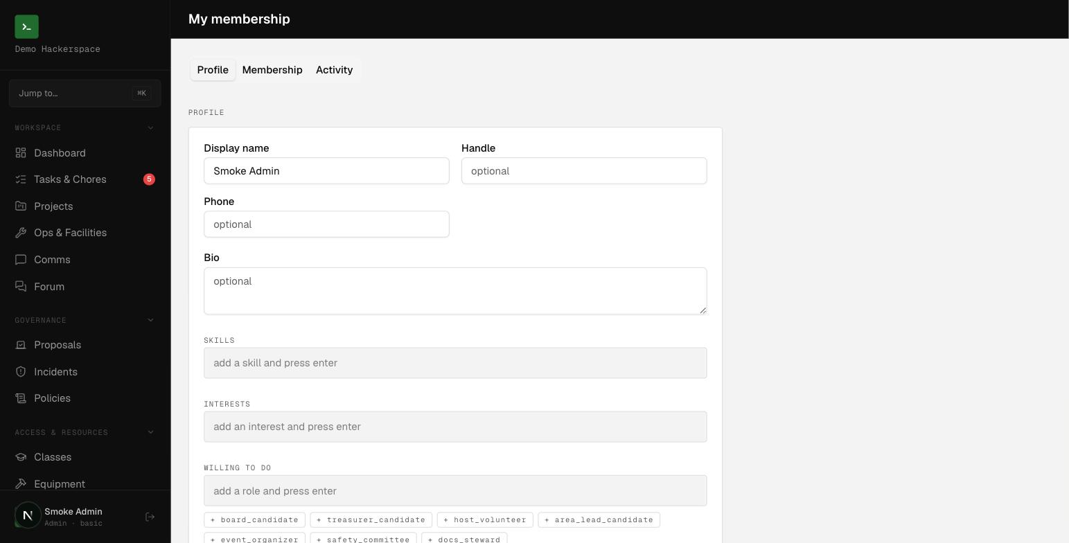 A member's own /me page, where they manage their profile, membership, and activity.