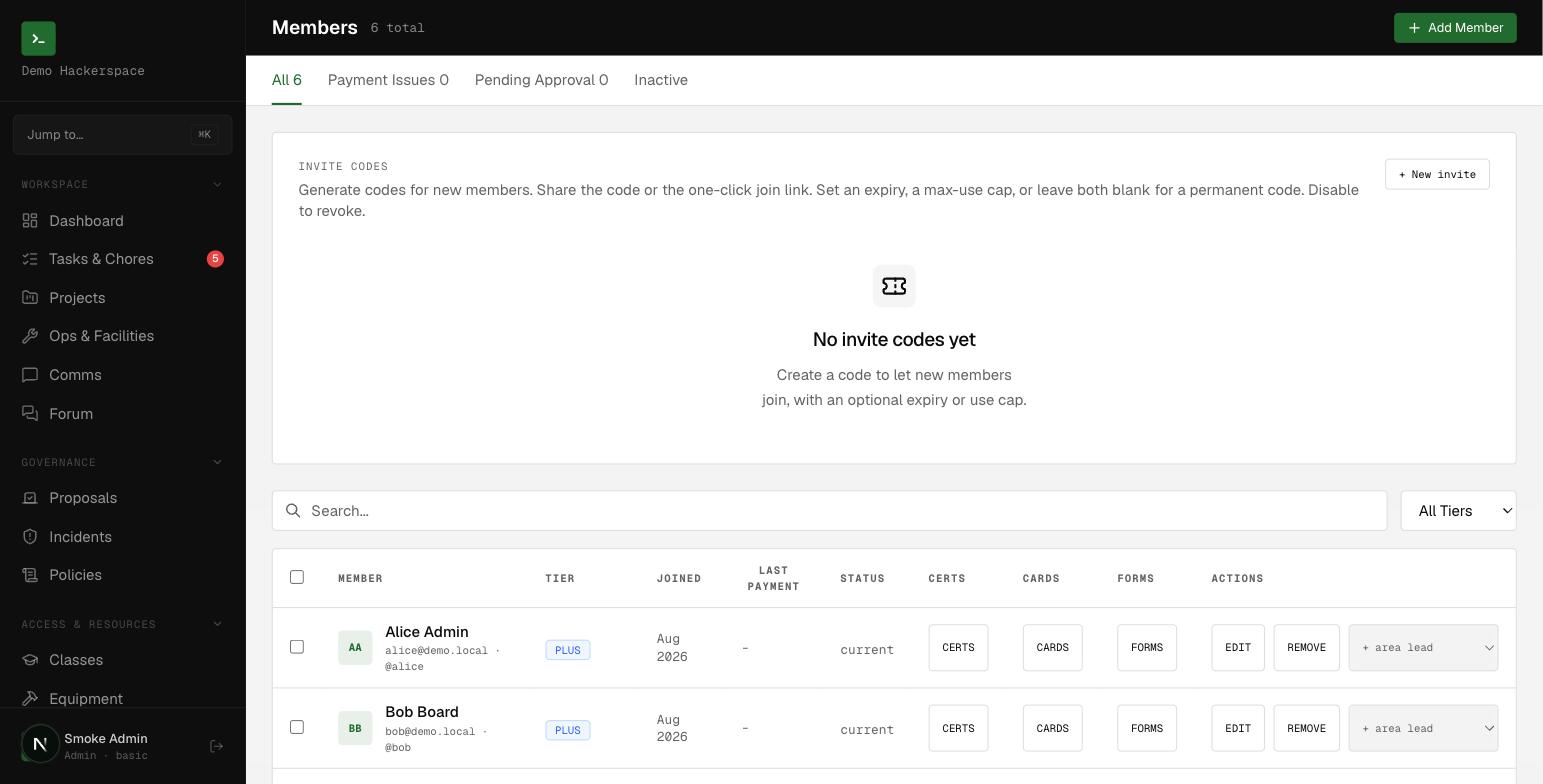 The Members screen is one stop on the left nav: the roster, dues status, and per-member actions.