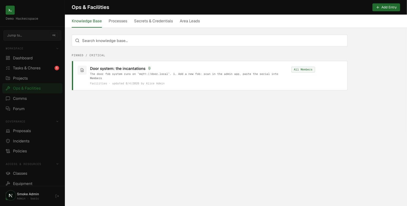 Ops and Facilities, with tabs for Knowledge Base, Processes, Secrets and Credentials, and Area Leads.