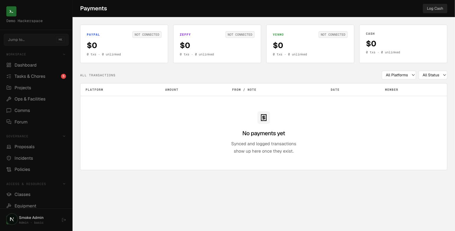 The Payments ledger: one summary card per platform above the transactions table.