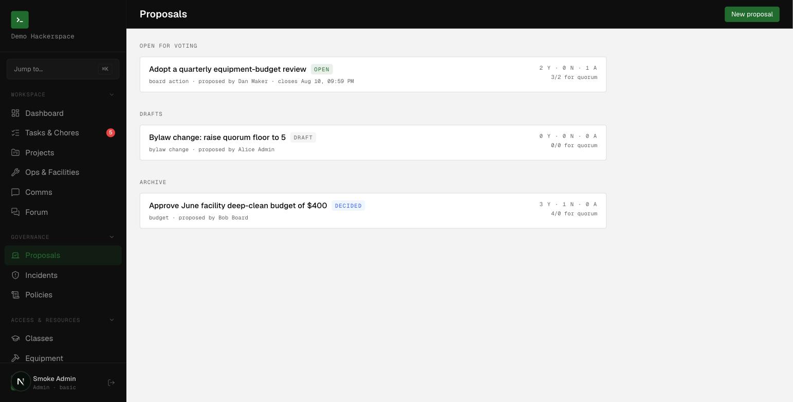 The Proposals screen groups items into open for voting, drafts, and archive, each with a live tally.