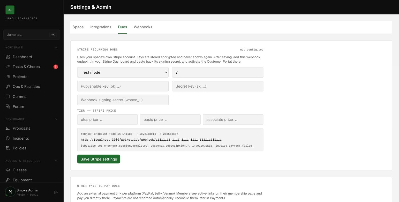 The Settings Dues tab: Stripe recurring dues up top, external pay-here links below.